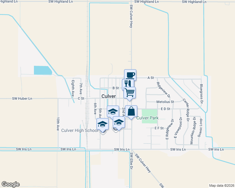 map of restaurants, bars, coffee shops, grocery stores, and more near 316 3rd Avenue in Culver