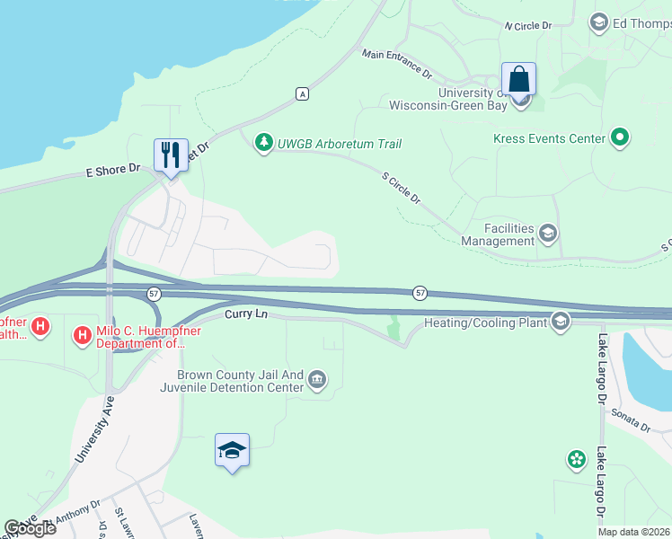 map of restaurants, bars, coffee shops, grocery stores, and more near 2100 Emmalane Drive in Green Bay