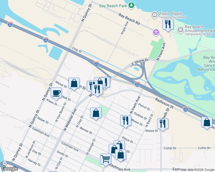 map of restaurants, bars, coffee shops, grocery stores, and more near 1819 Saint George Street in Green Bay