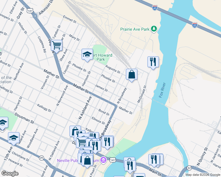map of restaurants, bars, coffee shops, grocery stores, and more near 817 North Chestnut Avenue in Green Bay