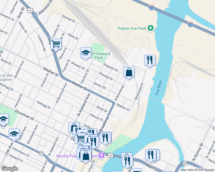 map of restaurants, bars, coffee shops, grocery stores, and more near 817 North Chestnut Avenue in Green Bay
