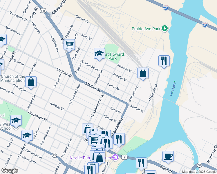 map of restaurants, bars, coffee shops, grocery stores, and more near 715 North Ashland Avenue in Green Bay