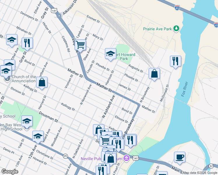 map of restaurants, bars, coffee shops, grocery stores, and more near 728 Mather Street in Green Bay