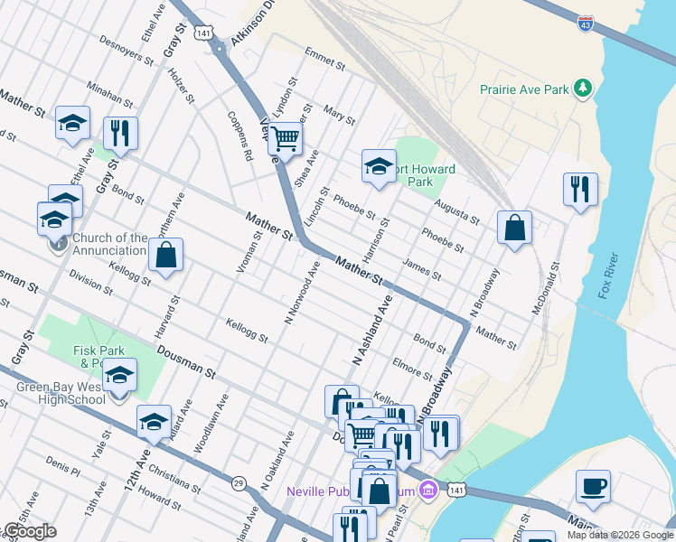 map of restaurants, bars, coffee shops, grocery stores, and more near 827 Mather Street in Green Bay