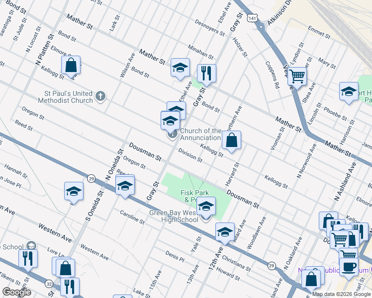 map of restaurants, bars, coffee shops, grocery stores, and more near 1054 Division Street in Green Bay