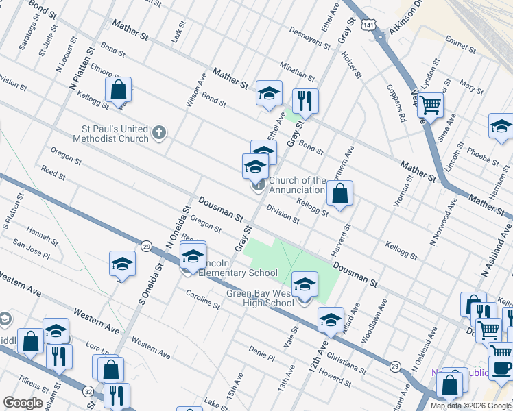 map of restaurants, bars, coffee shops, grocery stores, and more near 1081 Division Street in Green Bay