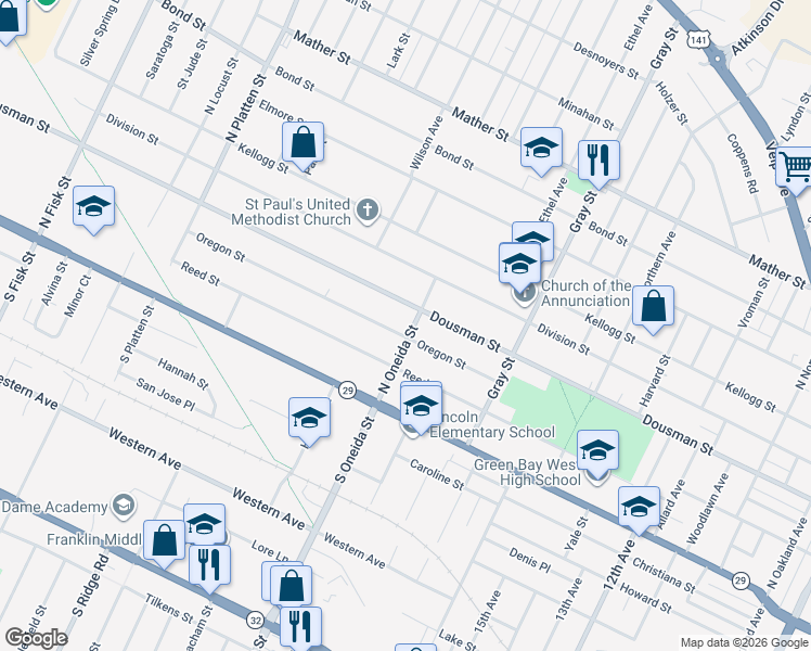 map of restaurants, bars, coffee shops, grocery stores, and more near 1168 Oregon Street in Green Bay