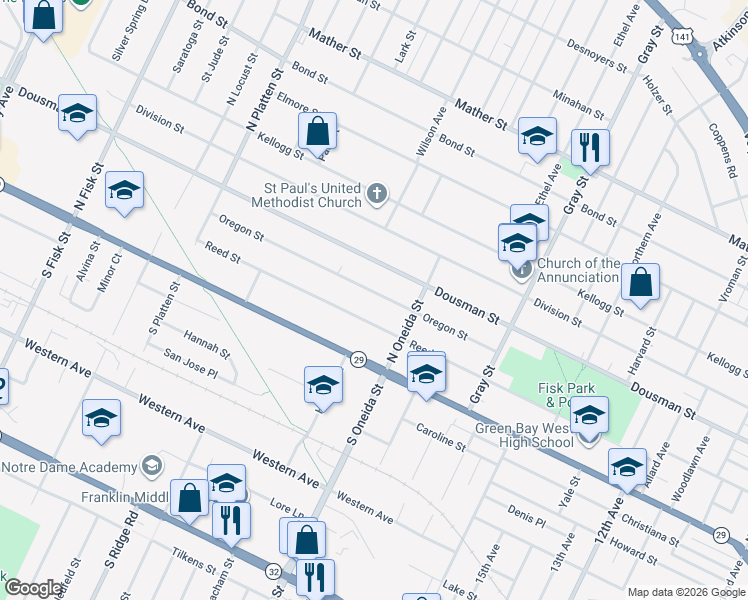 map of restaurants, bars, coffee shops, grocery stores, and more near 1199 Oregon Street in Green Bay