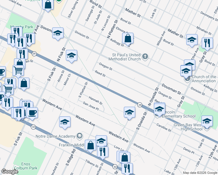 map of restaurants, bars, coffee shops, grocery stores, and more near 1280 Shawano Avenue in Green Bay