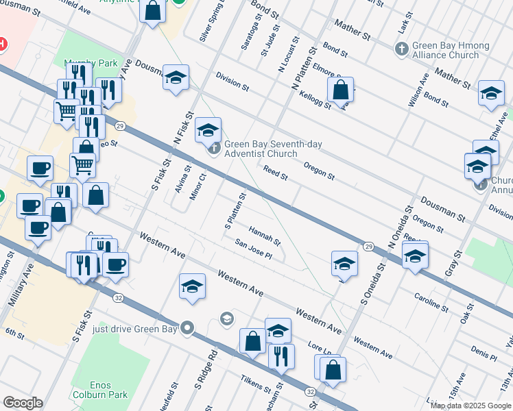 map of restaurants, bars, coffee shops, grocery stores, and more near 111 South Platten Street in Green Bay