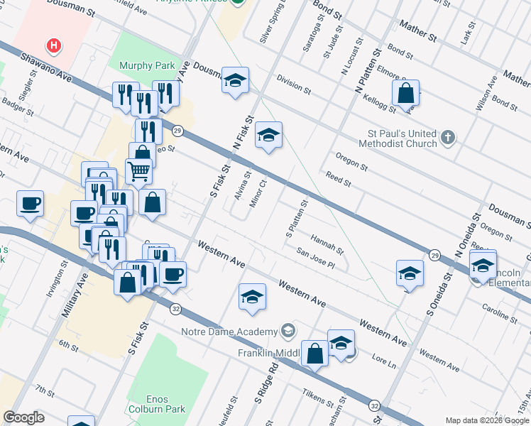 map of restaurants, bars, coffee shops, grocery stores, and more near 142 South Locust Street in Green Bay
