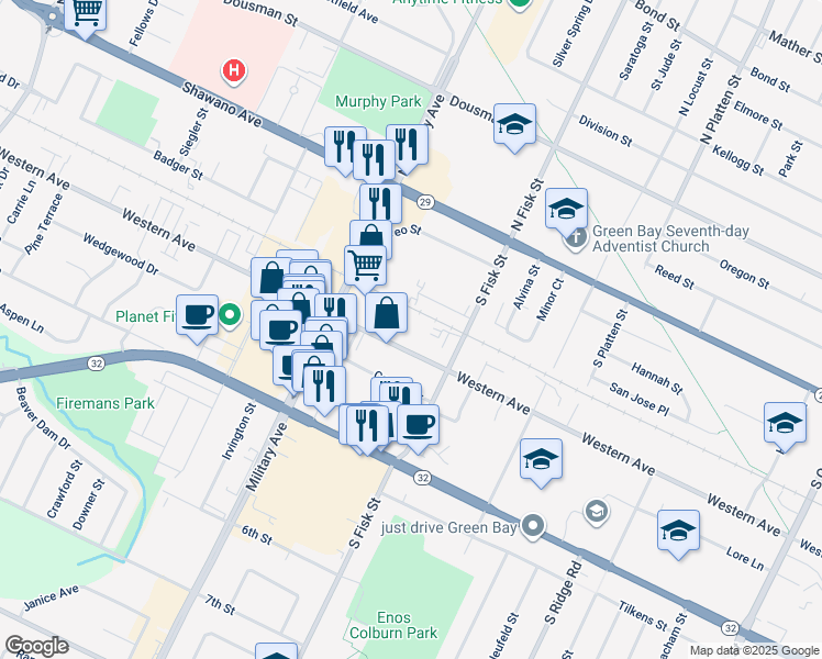 map of restaurants, bars, coffee shops, grocery stores, and more near 1508 Western Avenue in Green Bay