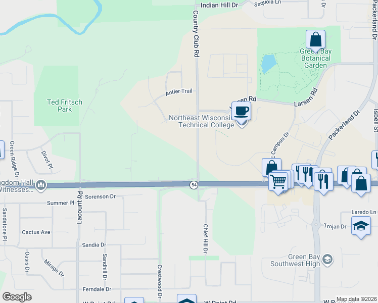 map of restaurants, bars, coffee shops, grocery stores, and more near 900 Country Club Road in Green Bay