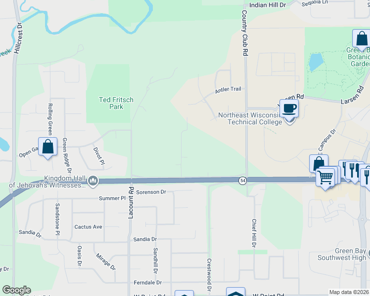 map of restaurants, bars, coffee shops, grocery stores, and more near 905 Red Fox Drive in Green Bay