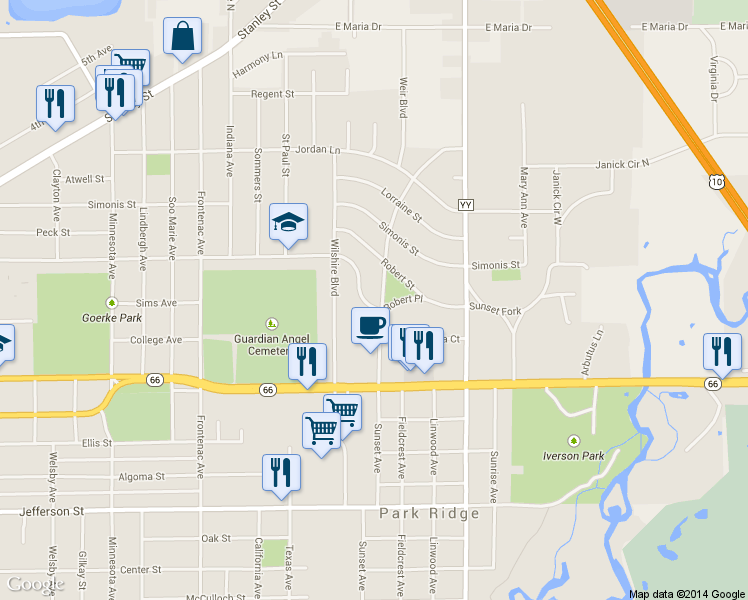map of restaurants, bars, coffee shops, grocery stores, and more near 1024 Sunset Blvd in Stevens Point