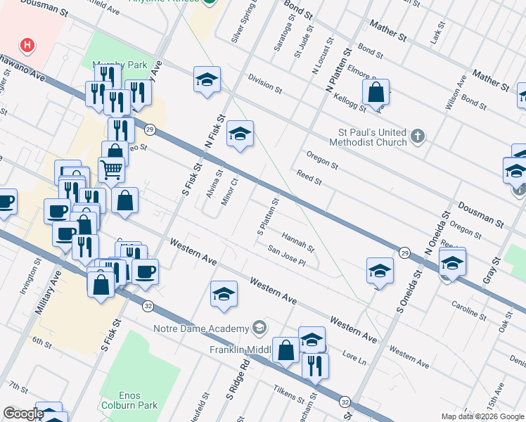 map of restaurants, bars, coffee shops, grocery stores, and more near 122 South Platten Street in Green Bay