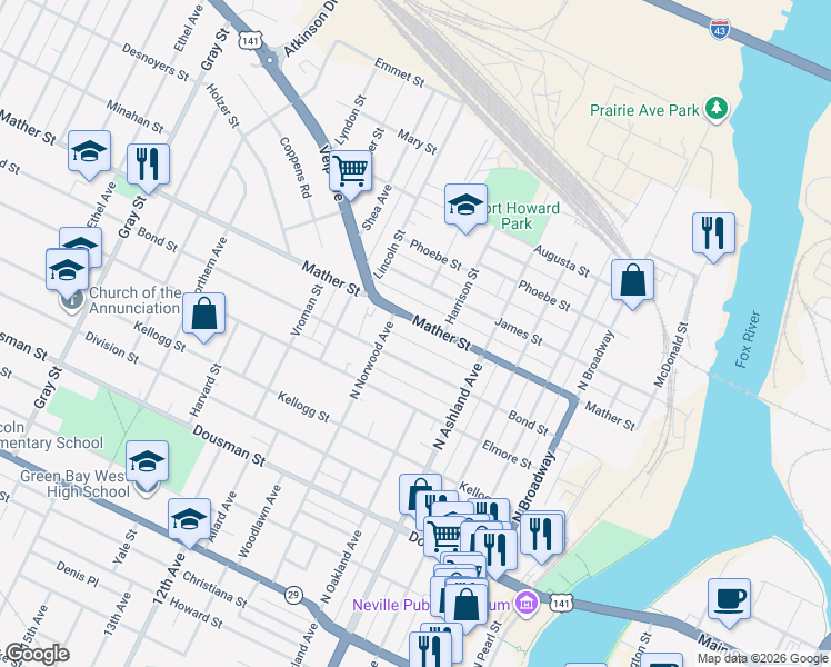map of restaurants, bars, coffee shops, grocery stores, and more near 827 Mather Street in Green Bay