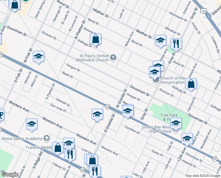 map of restaurants, bars, coffee shops, grocery stores, and more near 1199 Oregon Street in Green Bay