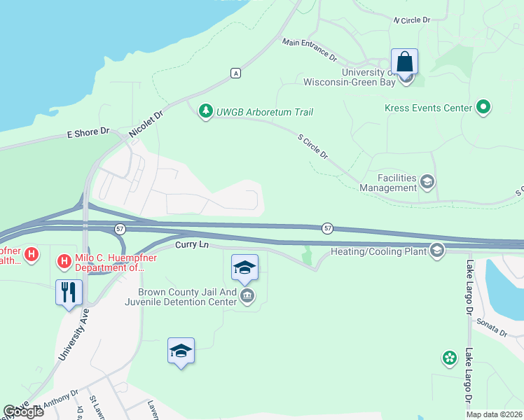 map of restaurants, bars, coffee shops, grocery stores, and more near 2100 Emmalane Drive in Green Bay