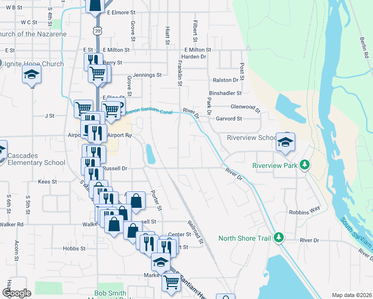 map of restaurants, bars, coffee shops, grocery stores, and more near 2046 River Drive in Lebanon