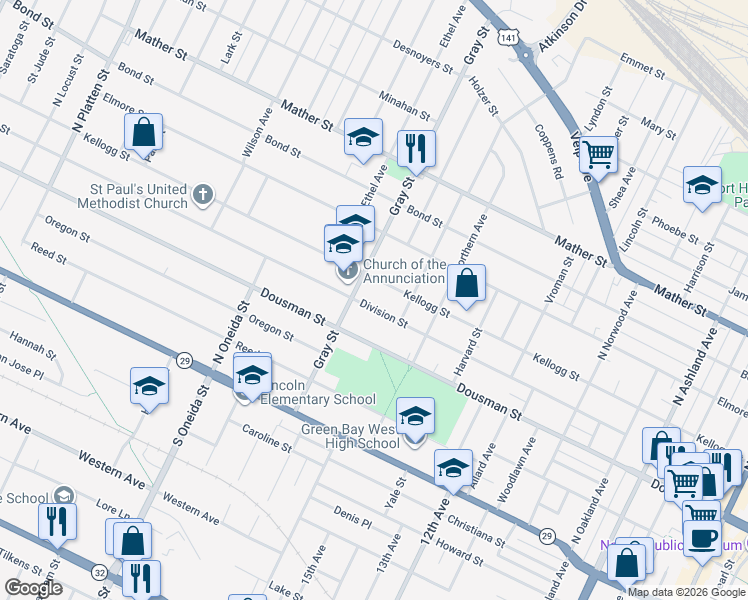 map of restaurants, bars, coffee shops, grocery stores, and more near 1054 Division Street in Green Bay
