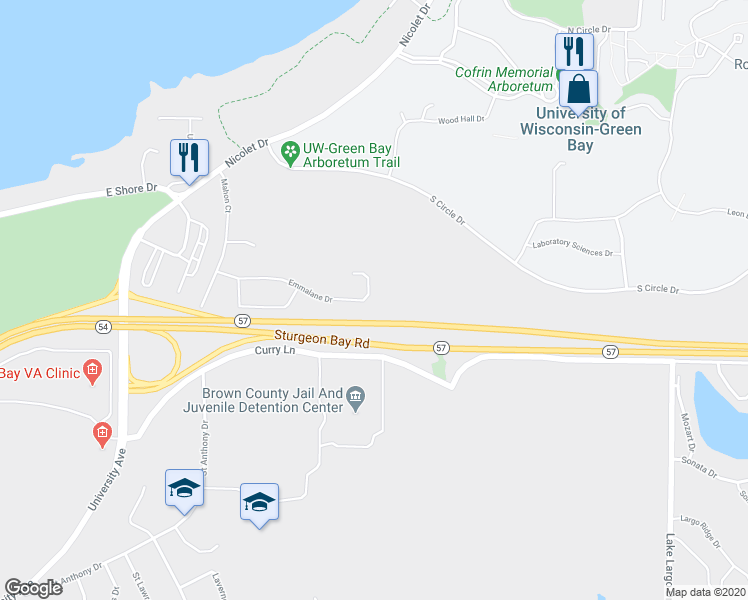 map of restaurants, bars, coffee shops, grocery stores, and more near 2100 Emmalane Drive in Green Bay