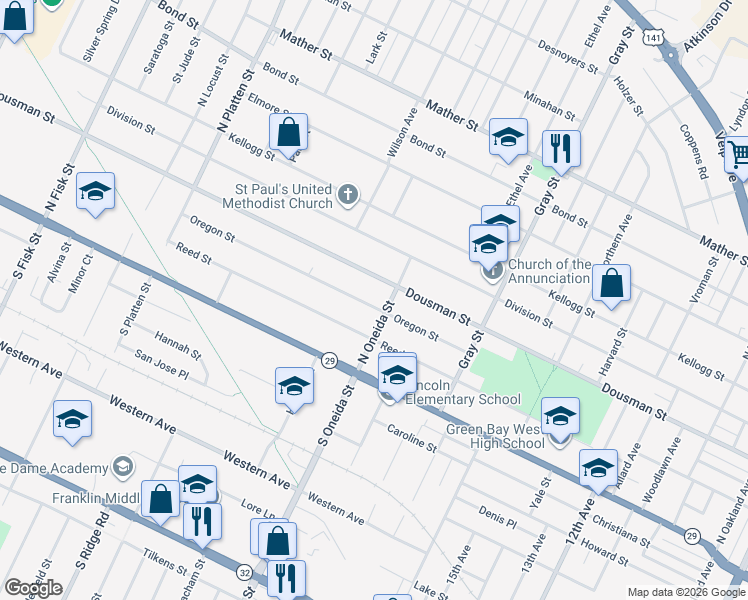 map of restaurants, bars, coffee shops, grocery stores, and more near 1168 Oregon Street in Green Bay