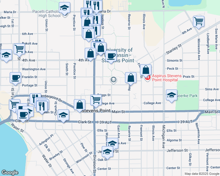map of restaurants, bars, coffee shops, grocery stores, and more near 1008 Phillips Street in Stevens Point