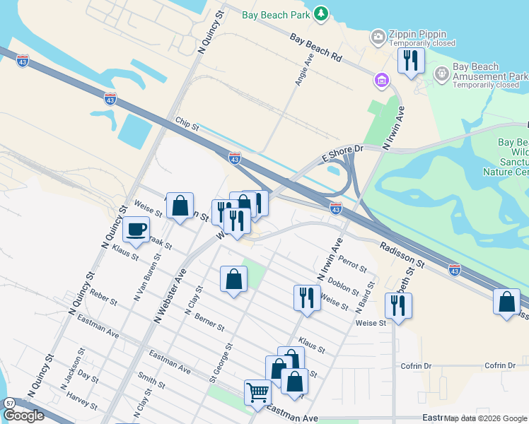 map of restaurants, bars, coffee shops, grocery stores, and more near 1819 Saint George Street in Green Bay