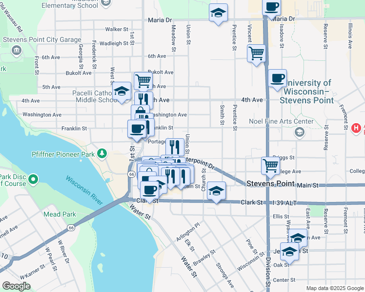 map of restaurants, bars, coffee shops, grocery stores, and more near 1017 3rd Street in Stevens Point