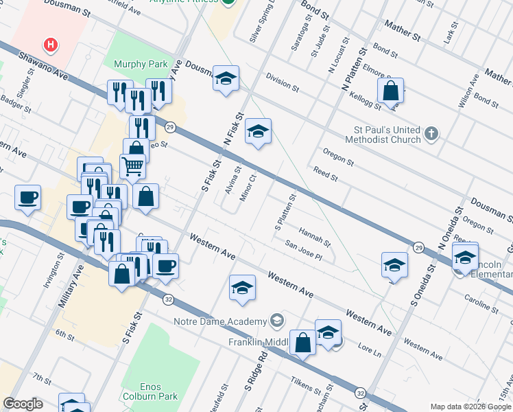 map of restaurants, bars, coffee shops, grocery stores, and more near 142 South Locust Street in Green Bay