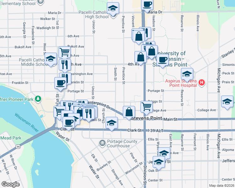 map of restaurants, bars, coffee shops, grocery stores, and more near 1017 Smith Street in Stevens Point
