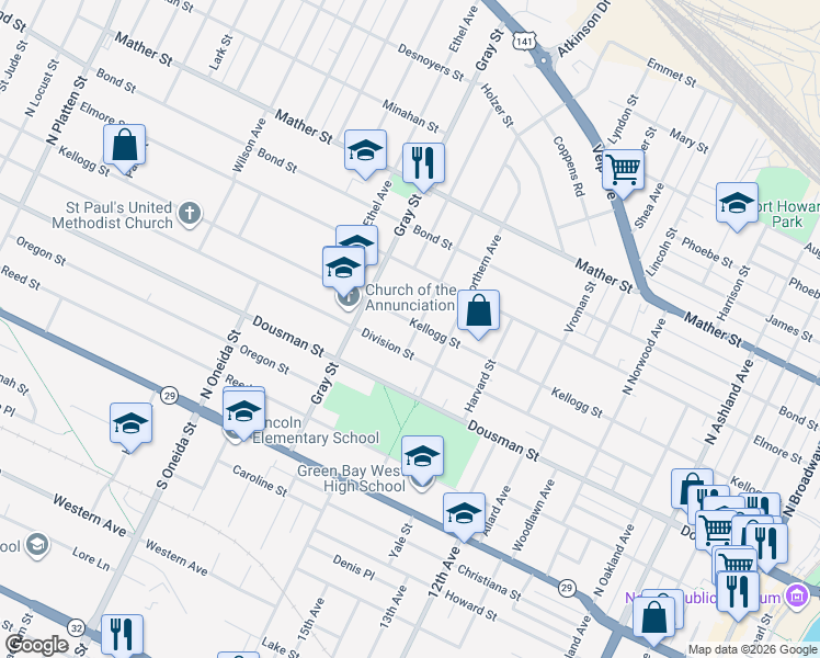 map of restaurants, bars, coffee shops, grocery stores, and more near 345 Columbia Avenue in Green Bay