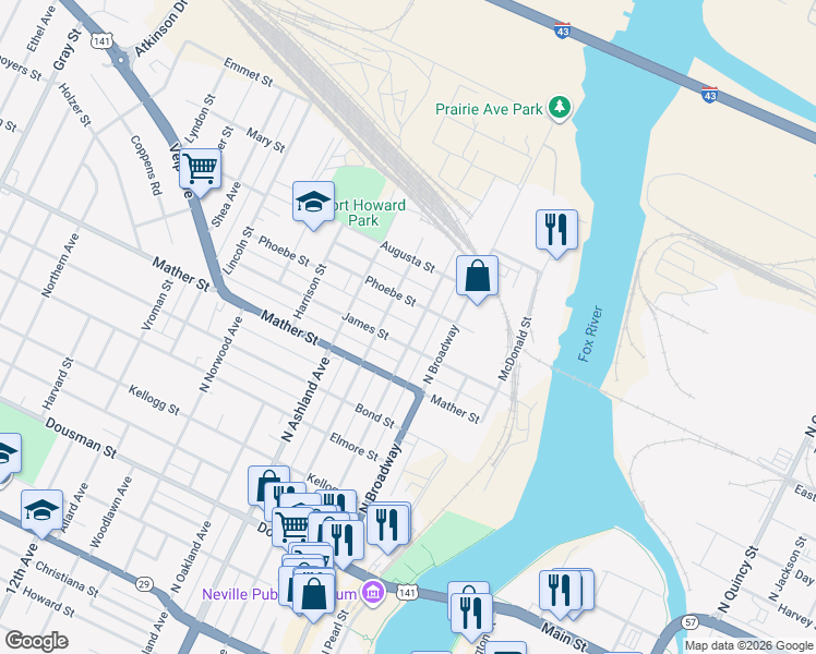map of restaurants, bars, coffee shops, grocery stores, and more near 817 North Chestnut Avenue in Green Bay