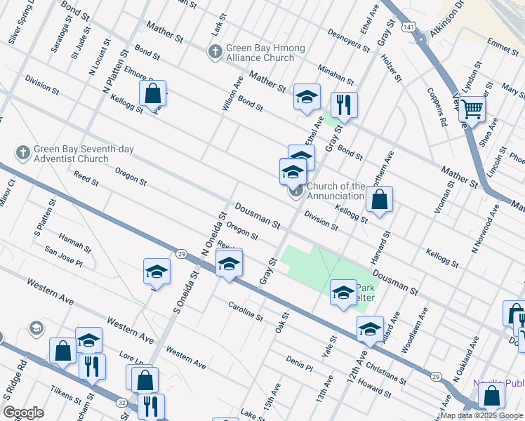 map of restaurants, bars, coffee shops, grocery stores, and more near 1112 Dousman St in Green Bay