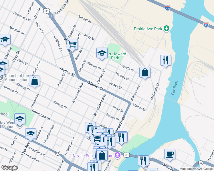 map of restaurants, bars, coffee shops, grocery stores, and more near 715 North Ashland Avenue in Green Bay