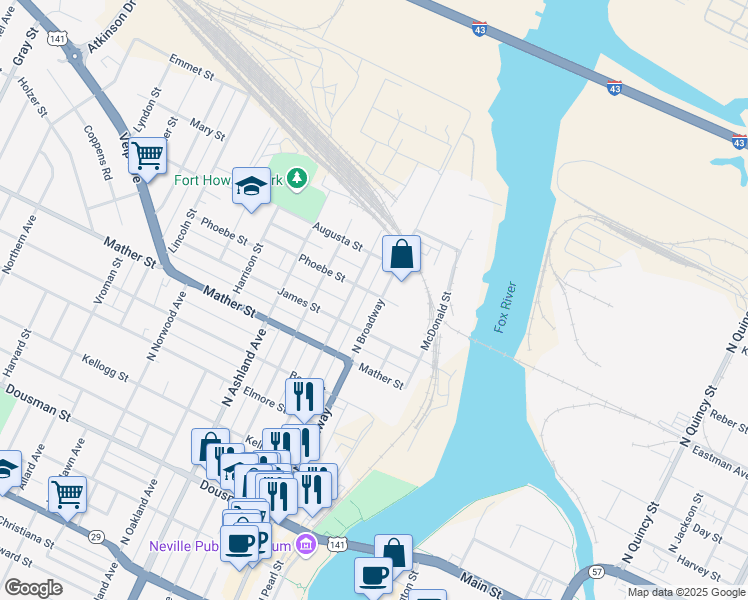 map of restaurants, bars, coffee shops, grocery stores, and more near 403 Phoebe Street in Green Bay
