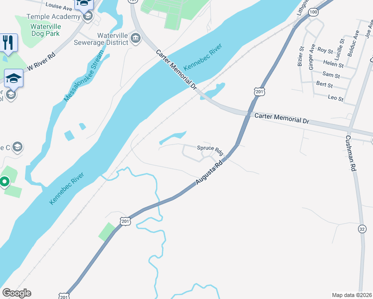 map of restaurants, bars, coffee shops, grocery stores, and more near 499 Augusta Road in Winslow