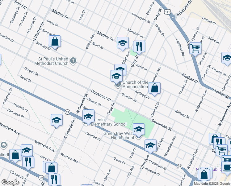 map of restaurants, bars, coffee shops, grocery stores, and more near 1081 Division Street in Green Bay