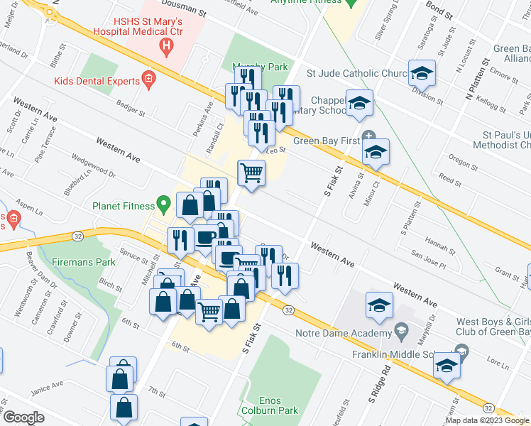 map of restaurants, bars, coffee shops, grocery stores, and more near 1530 Western Avenue in Green Bay
