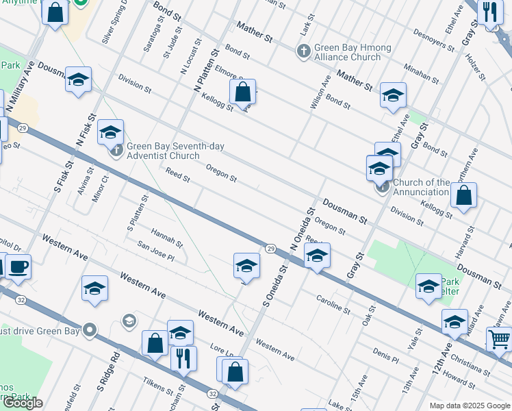 map of restaurants, bars, coffee shops, grocery stores, and more near 1224 Reed Street in Green Bay