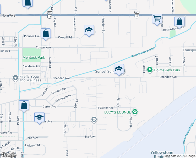 map of restaurants, bars, coffee shops, grocery stores, and more near 2902 Sheridan Avenue in Cody
