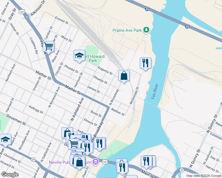 map of restaurants, bars, coffee shops, grocery stores, and more near 817 North Chestnut Avenue in Green Bay