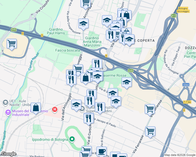 map of restaurants, bars, coffee shops, grocery stores, and more near Via Luciano Proni in Bologna