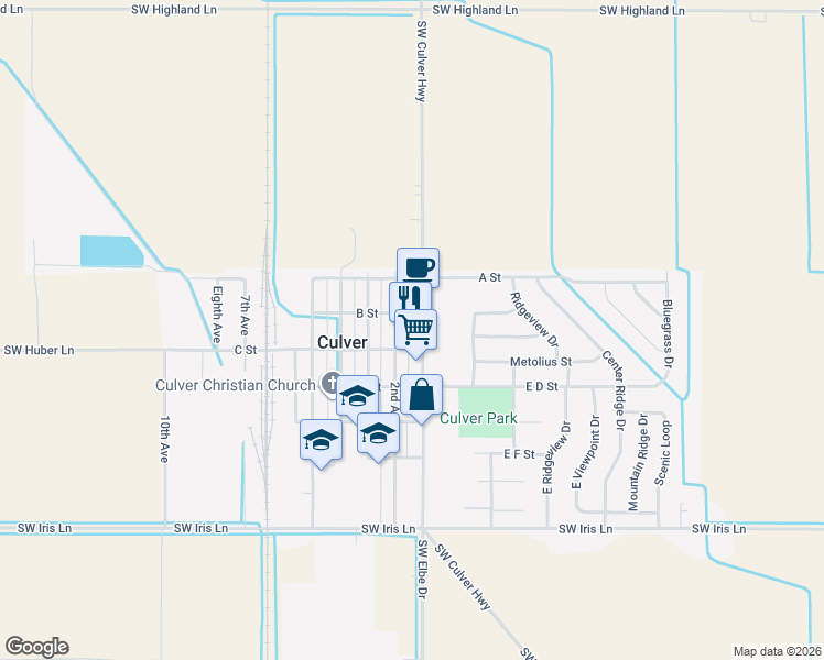 map of restaurants, bars, coffee shops, grocery stores, and more near 315 First Street in Culver