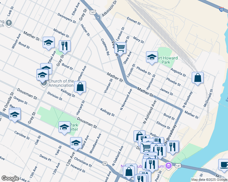 map of restaurants, bars, coffee shops, grocery stores, and more near 533 Melrose Avenue in Green Bay