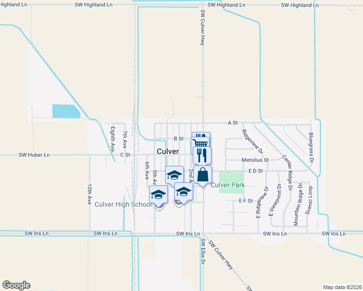 map of restaurants, bars, coffee shops, grocery stores, and more near 316 3rd Avenue in Culver