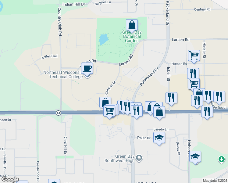 map of restaurants, bars, coffee shops, grocery stores, and more near 2700 West Mason Street in Green Bay