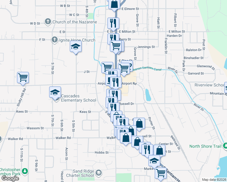 map of restaurants, bars, coffee shops, grocery stores, and more near 2090 South Santiam Highway in Lebanon