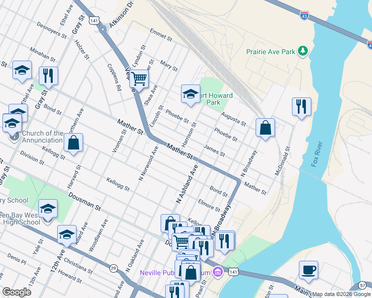 map of restaurants, bars, coffee shops, grocery stores, and more near 728 Mather Street in Green Bay